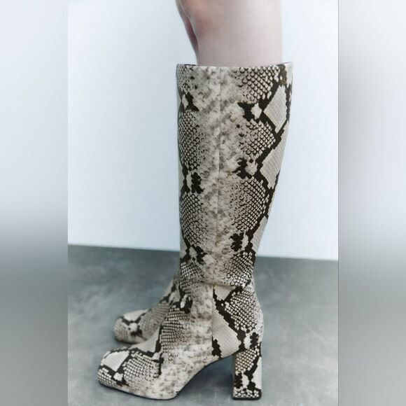 NWT ZARA BOOTS SNAKE PRINT INNER PLATFORM LEATHER HEELED KNEE HIGH BOOTS - Picture 8 of 14